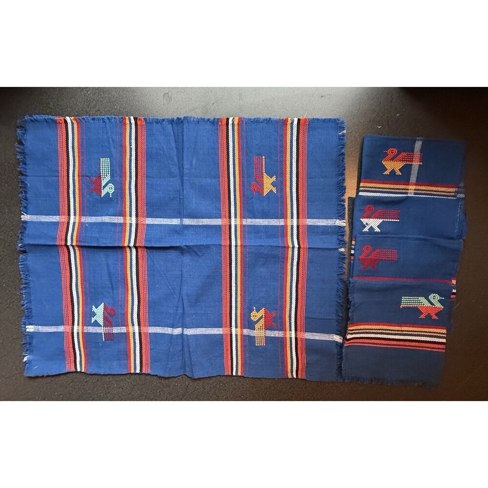 VTG 1970's Guatemalan Woven Set Of 2 Placemats 4 Napkins Embroidered Birds blue
